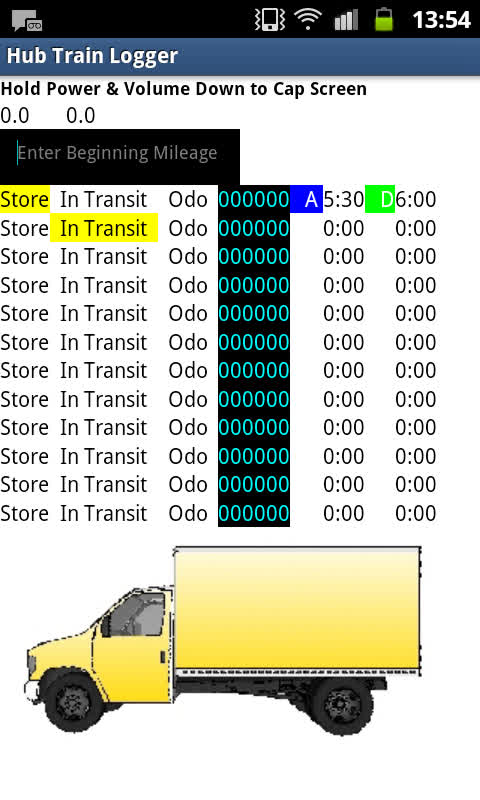 Brownfanta app: a listing of mileage, arrival time, departure time, and store or in transit