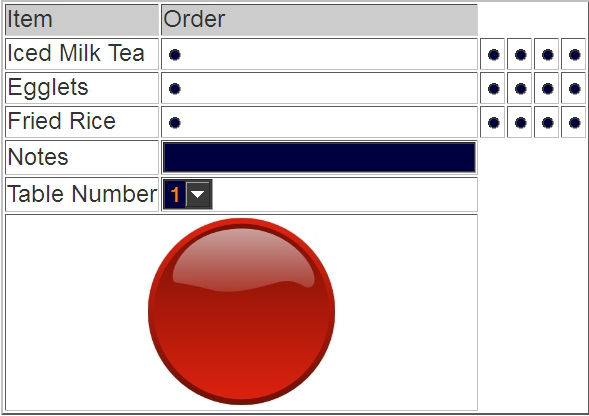 Milktea mobile app alternate entry interface: a table of items with a big red button below